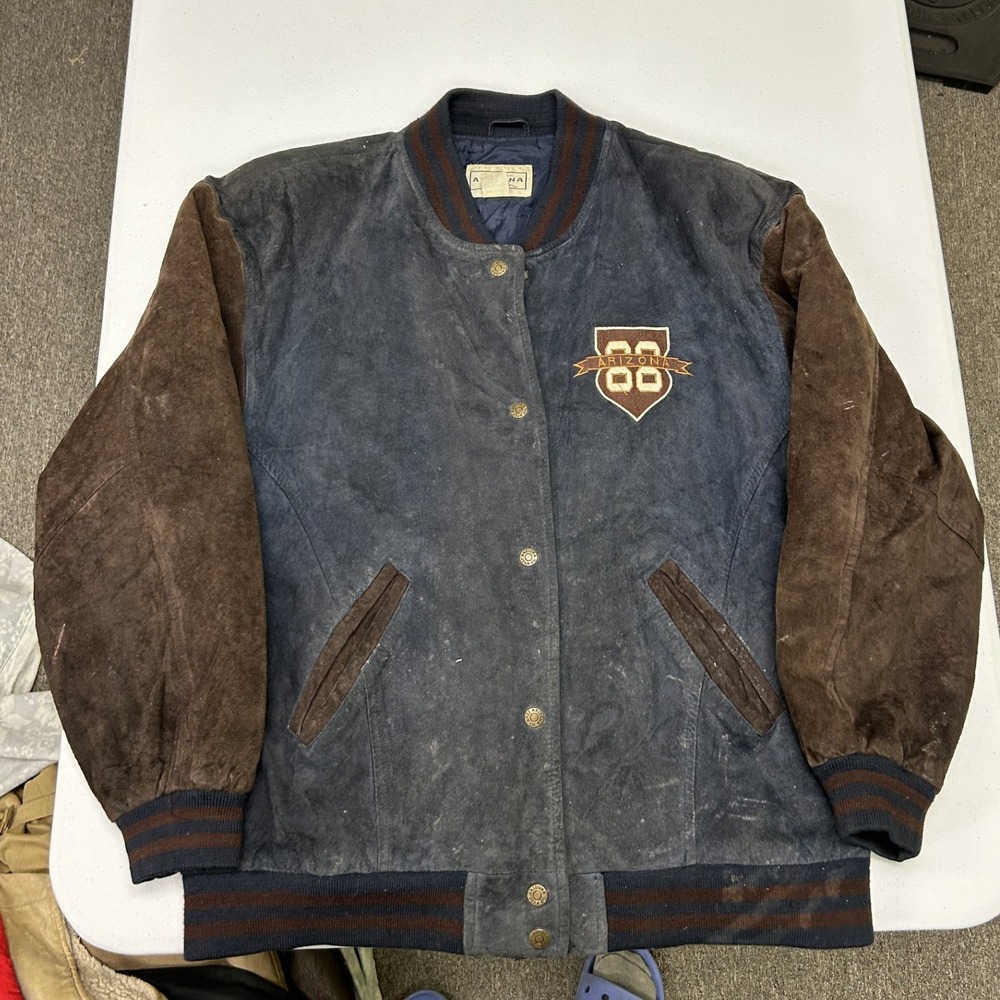Arizona Suede Bomber Jacket Mens Large Blue Brown Vintage Varsity Coat A5